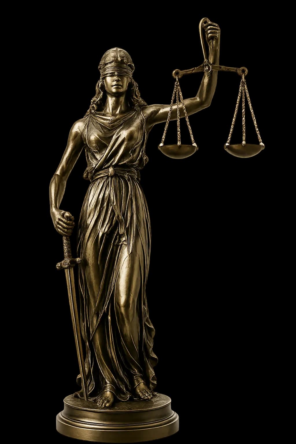Bronze Lady Justice statue holding scales and a sword